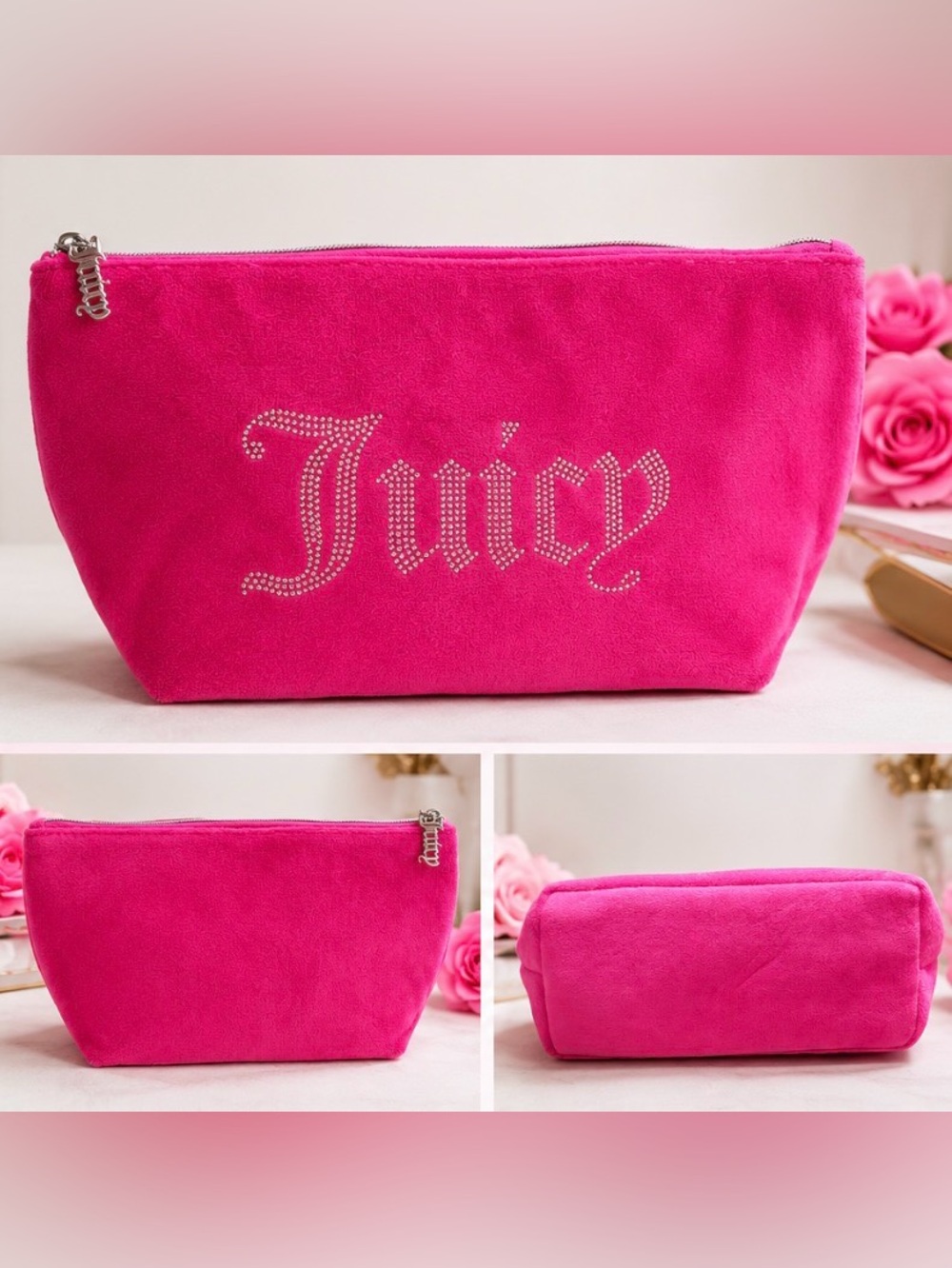 💖 Juicy Couture Pink Velour Cosmetic Makeup Bag Rhinestone Logo 💖 - Picture 2 of 3